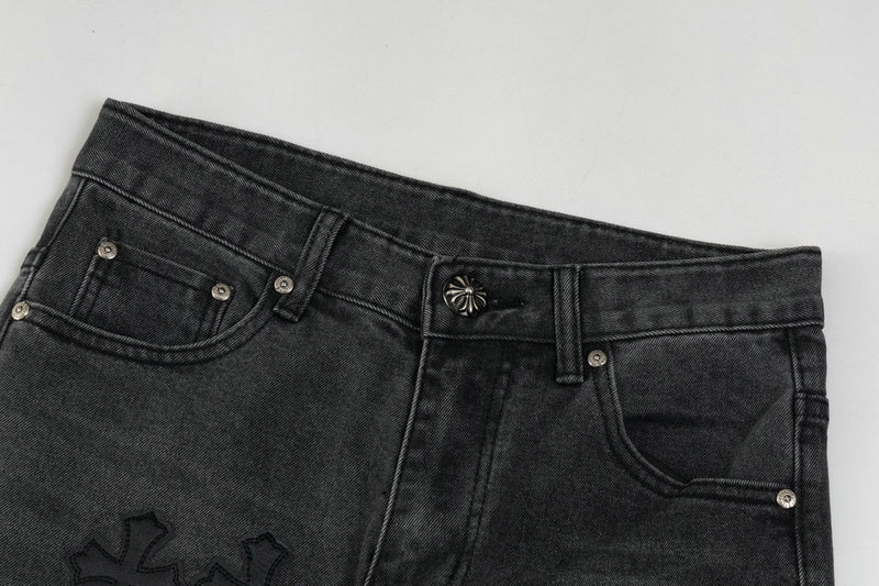 Stilfulde Herre Broderede Jeans Sort Denim Kryds Applikationer — Image 9
