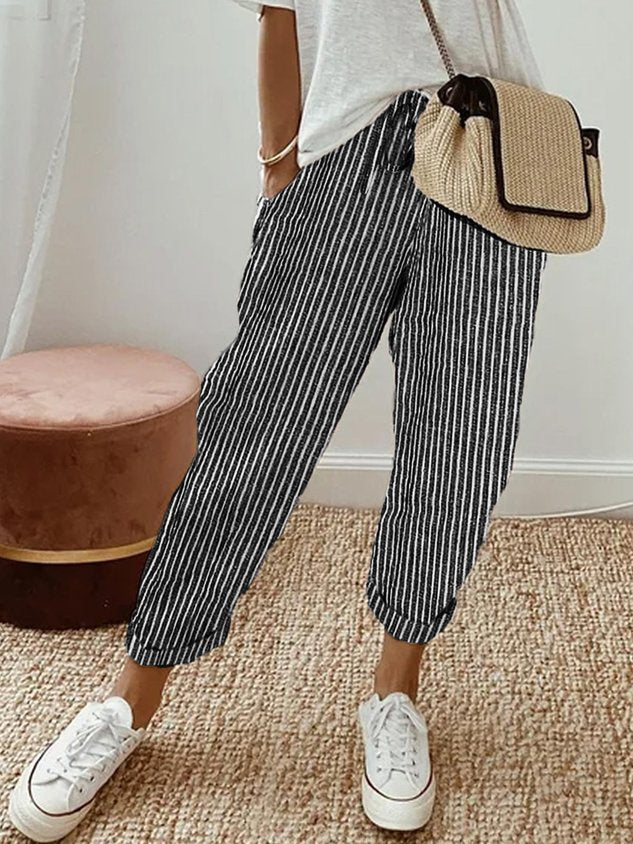 Løse Hørbukser Kvinder Beige Elastisk Talje Sommer — Image 19