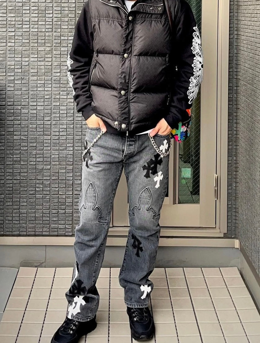 Stilfulde Herre Broderede Jeans Sort Denim Kryds Applikationer — Image 5