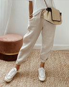 Løse Hørbukser Kvinder Beige Elastisk Talje Sommer — Main Image