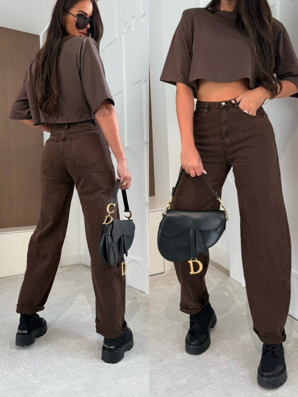 Brun Cropped T-shirt og Wide Leg Jeans Sæt til Kvinder i Bomuldsblanding — Main Image