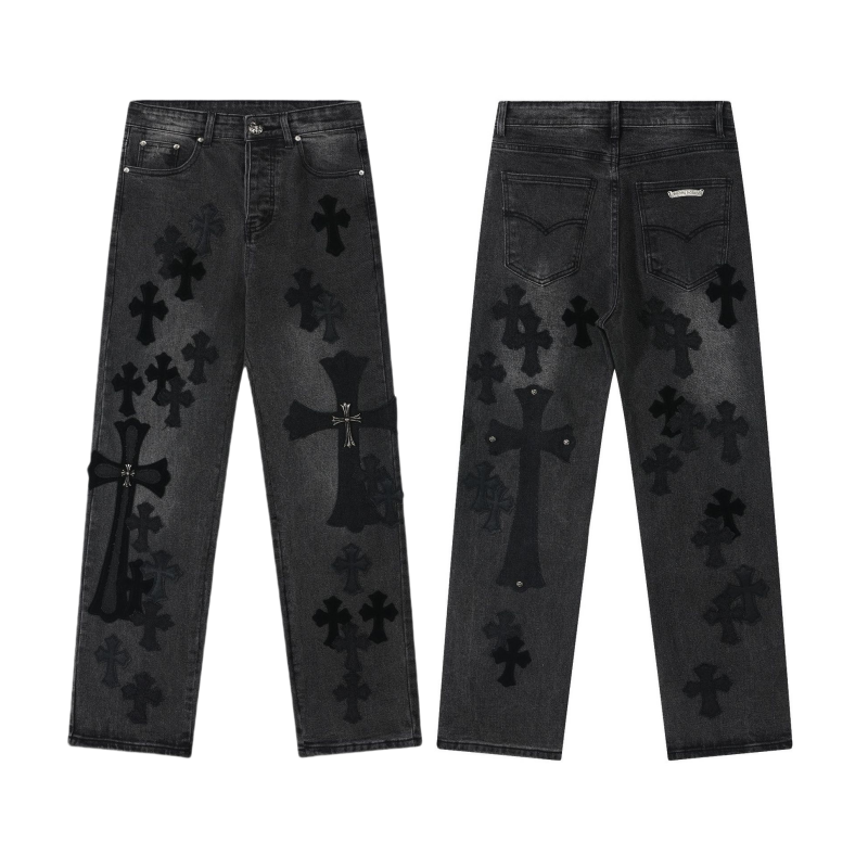 Unisex Denim Jeans med Krydsbroderi i Blå og Sort Bomuld — Image 2