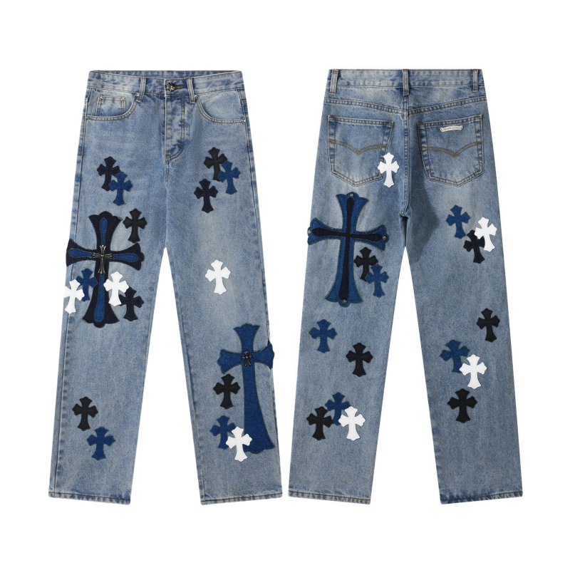 Unisex Denim Jeans med Krydsbroderi i Blå og Sort Bomuld — Image 3