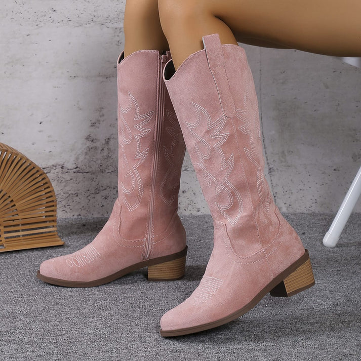 Brand Cowboy Støvler i Ruskind Dame Western Højhælede Broderi Lynlås — Main Image