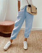 Løse Hørbukser Kvinder Beige Elastisk Talje Sommer — Image 13
