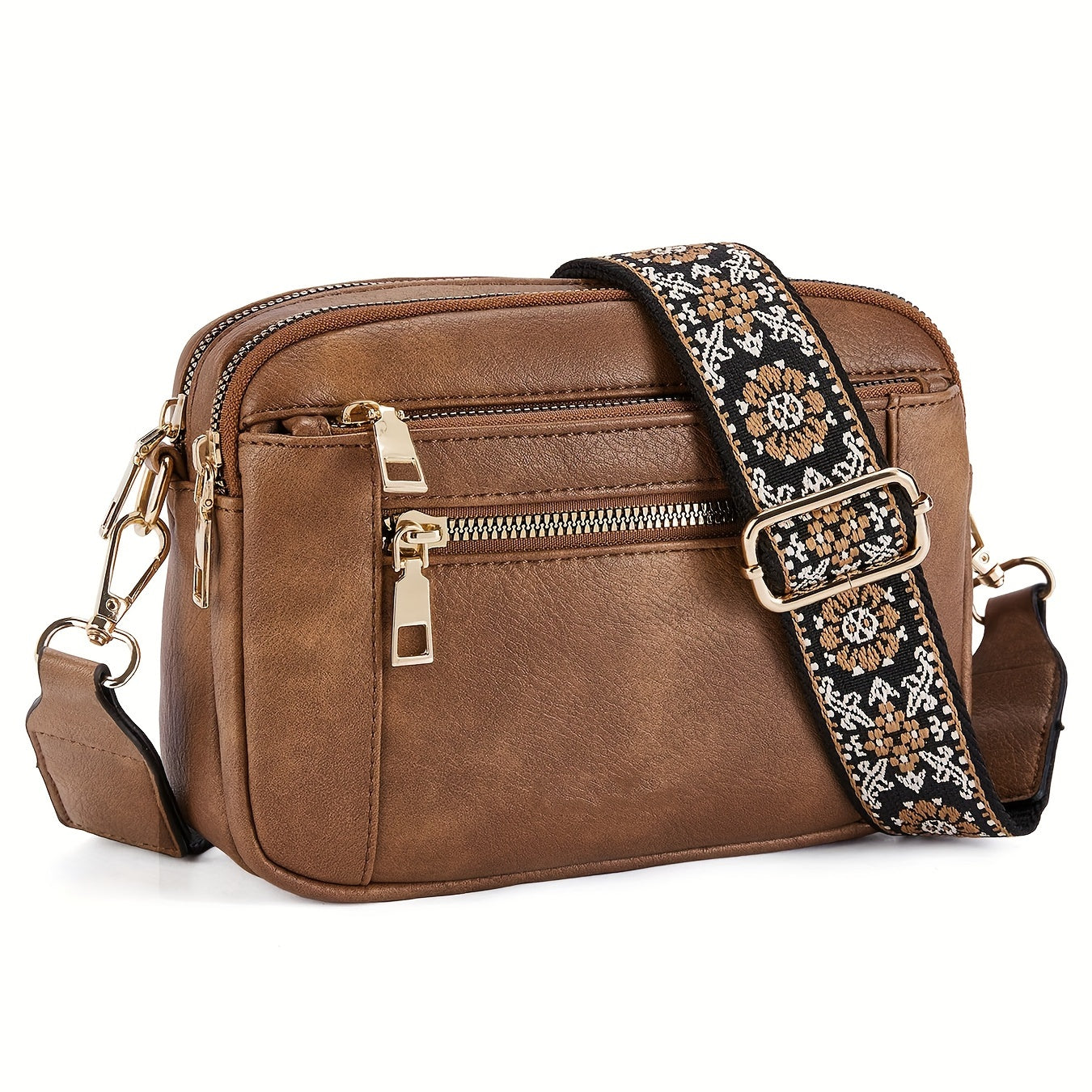 Dame Crossbody Taske PU Læder Justerbar Rem Brun — Main Image