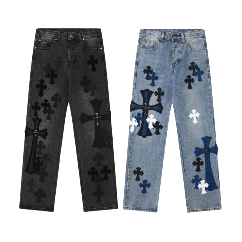 Unisex Denim Jeans med Krydsbroderi i Blå og Sort Bomuld — Main Image