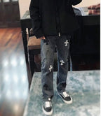 Stilfulde Herre Broderede Jeans Sort Denim Kryds Applikationer — Image 3