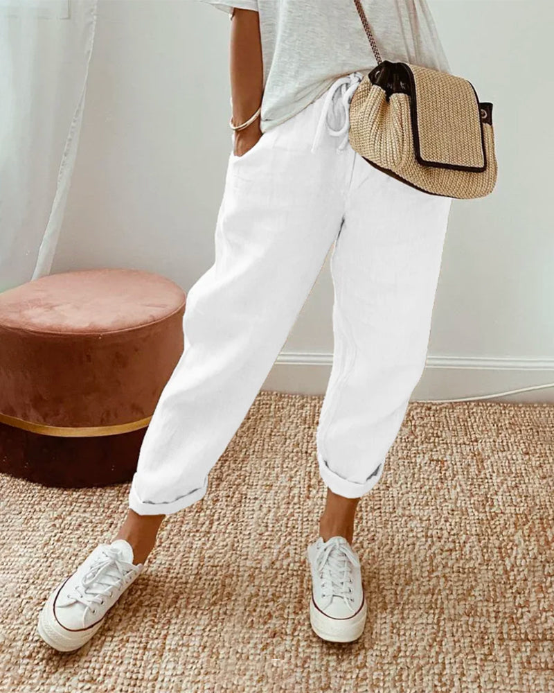 Løse Hørbukser Kvinder Beige Elastisk Talje Sommer — Image 4