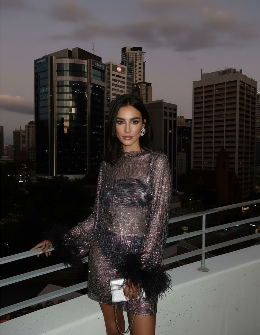 Eksklusiv Pailletkjole med Fjerdetaljer i Sølv Mesh til Kvinder — Image 2