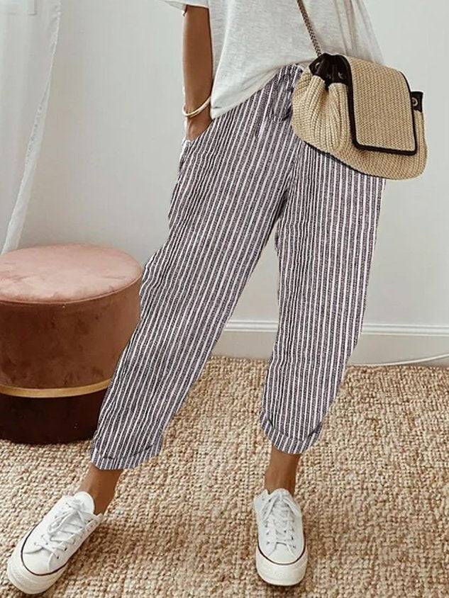 Løse Hørbukser Kvinder Beige Elastisk Talje Sommer — Image 16