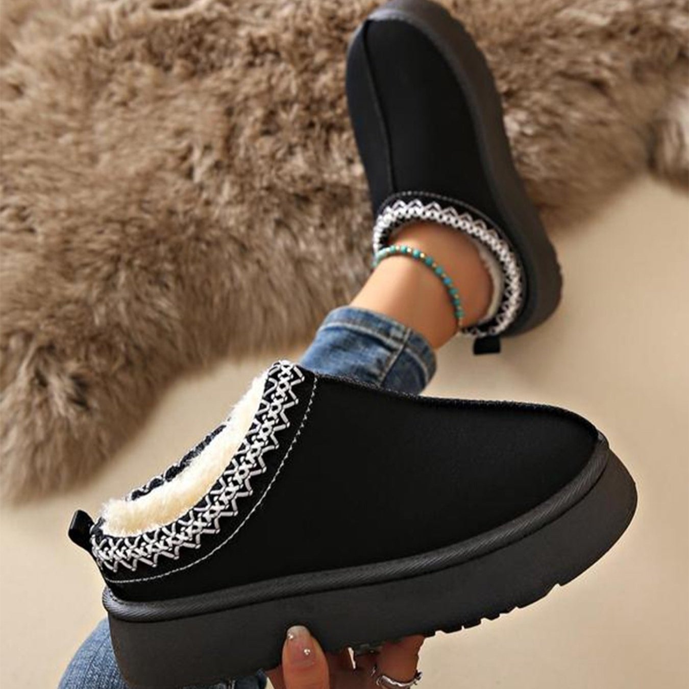 Unisex Vinter Slip-On Hjemmesko Fleeceforet Skridsikker Sål Broderet Kant — Image 6