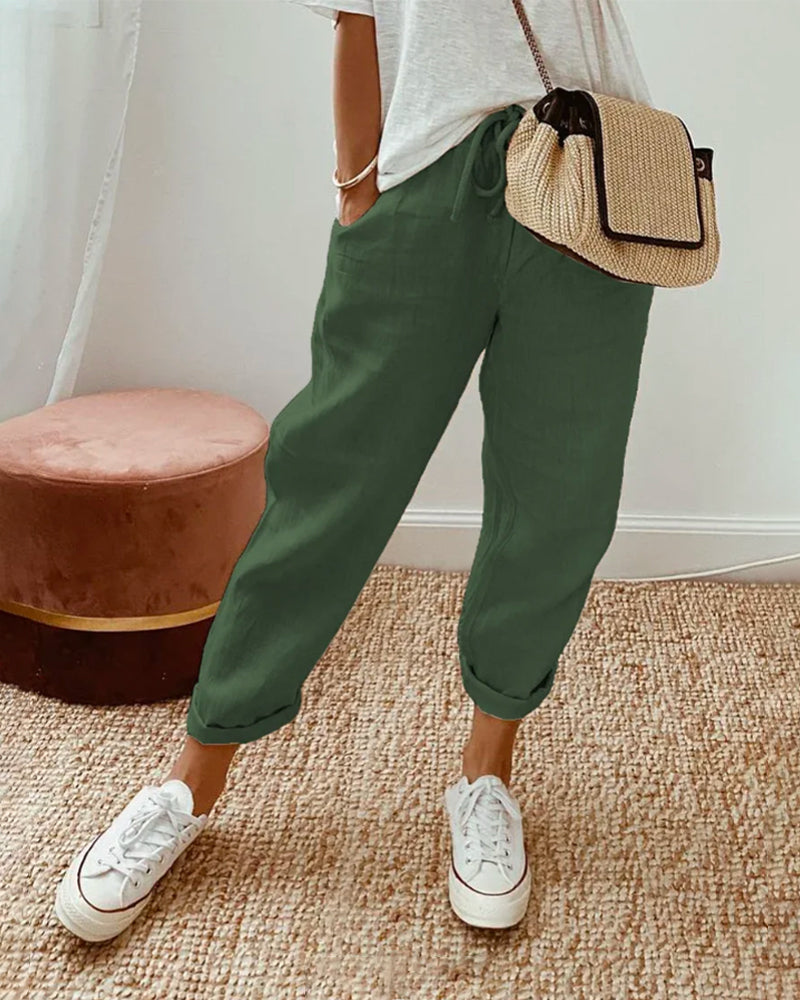 Løse Hørbukser Kvinder Beige Elastisk Talje Sommer — Image 15