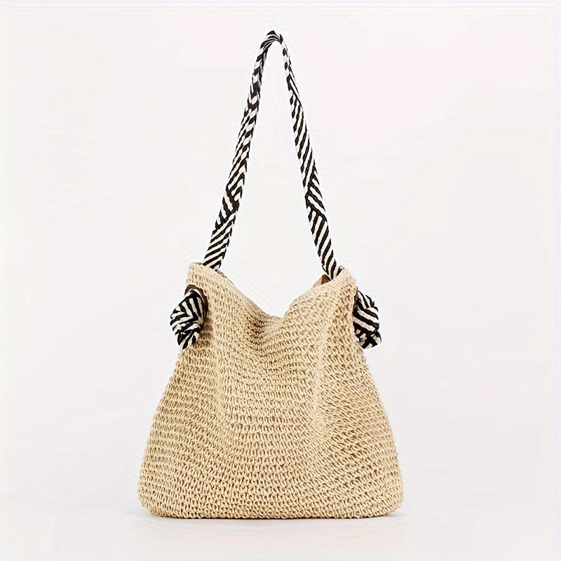 Håndvævet Jute Strandtaske med Stribet Strop, Brun, Unisex — Image 7