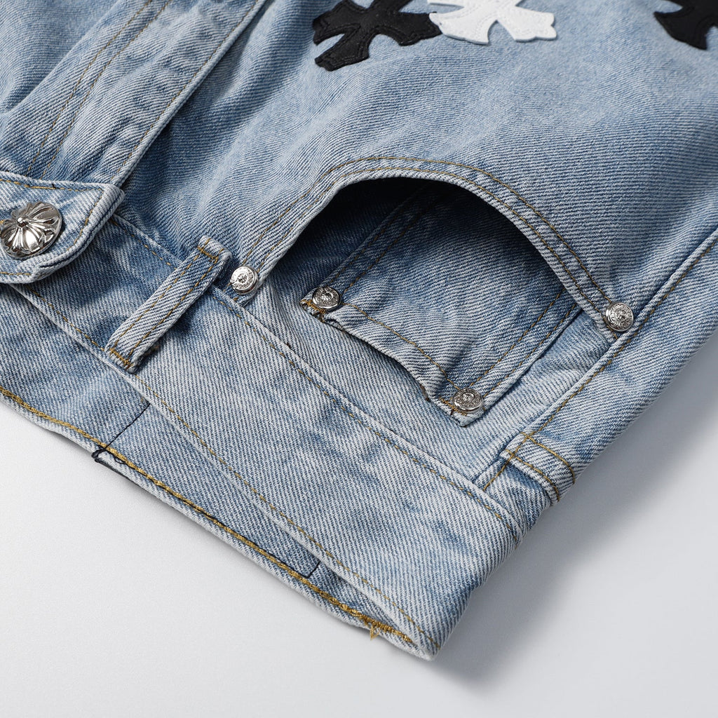 Chrome Hearts Herre Denim Shorts med Kryds Applikationer Blå Bomuld — Image 8