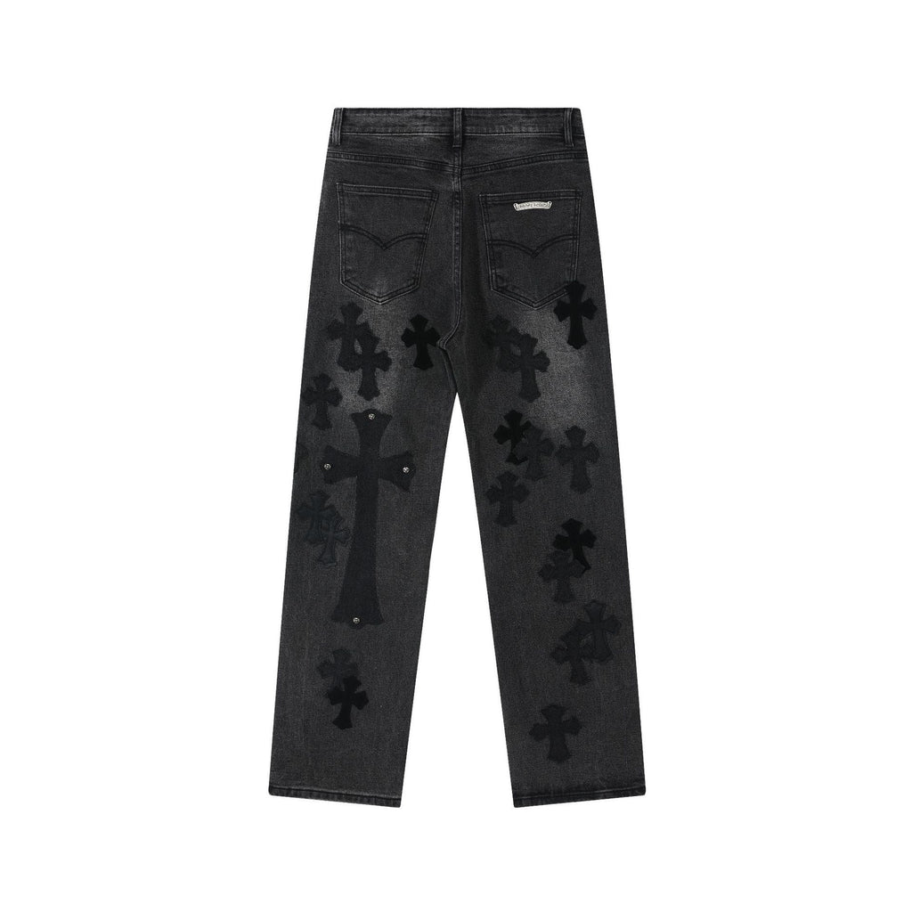 Unisex Denim Jeans med Krydsbroderi i Blå og Sort Bomuld — Image 12