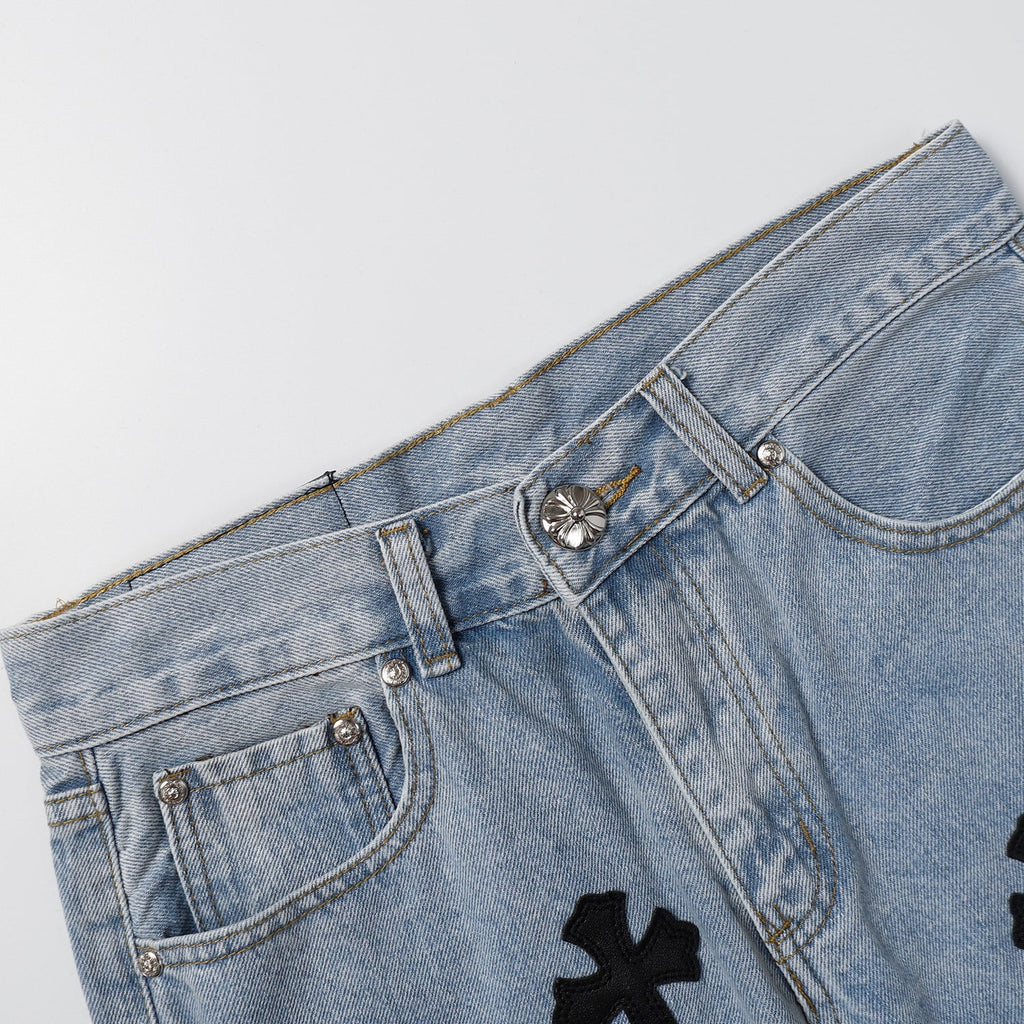 Chrome Hearts Herre Denim Shorts med Kryds Applikationer Blå Bomuld — Image 5