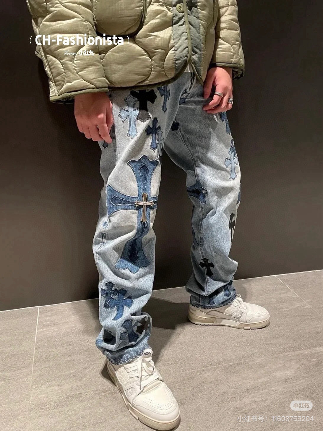 Unisex Denim Jeans med Krydsbroderi i Blå og Sort Bomuld — Image 7