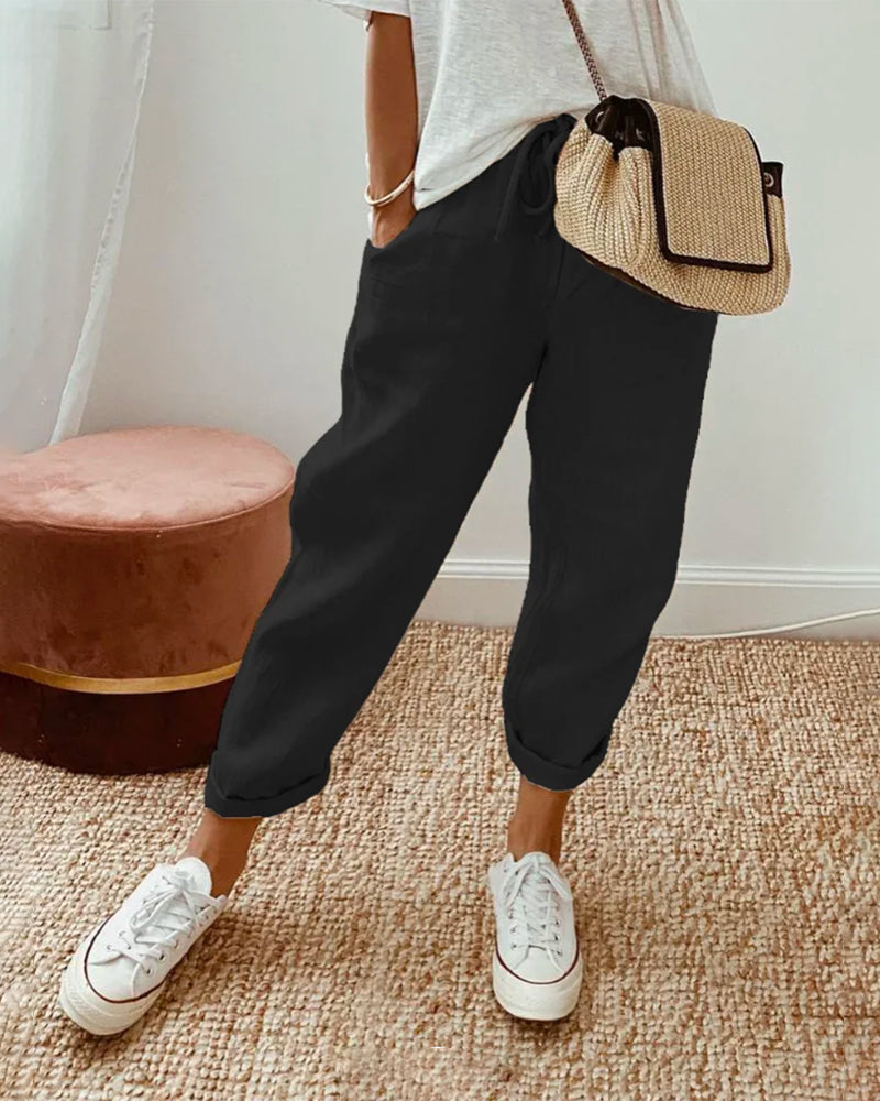Løse Hørbukser Kvinder Beige Elastisk Talje Sommer — Image 12
