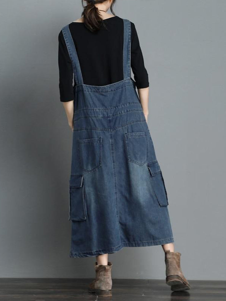 Kvinder Denim Overall Kjole med Lommer - Blå, Justerbare Stropper — Image 8