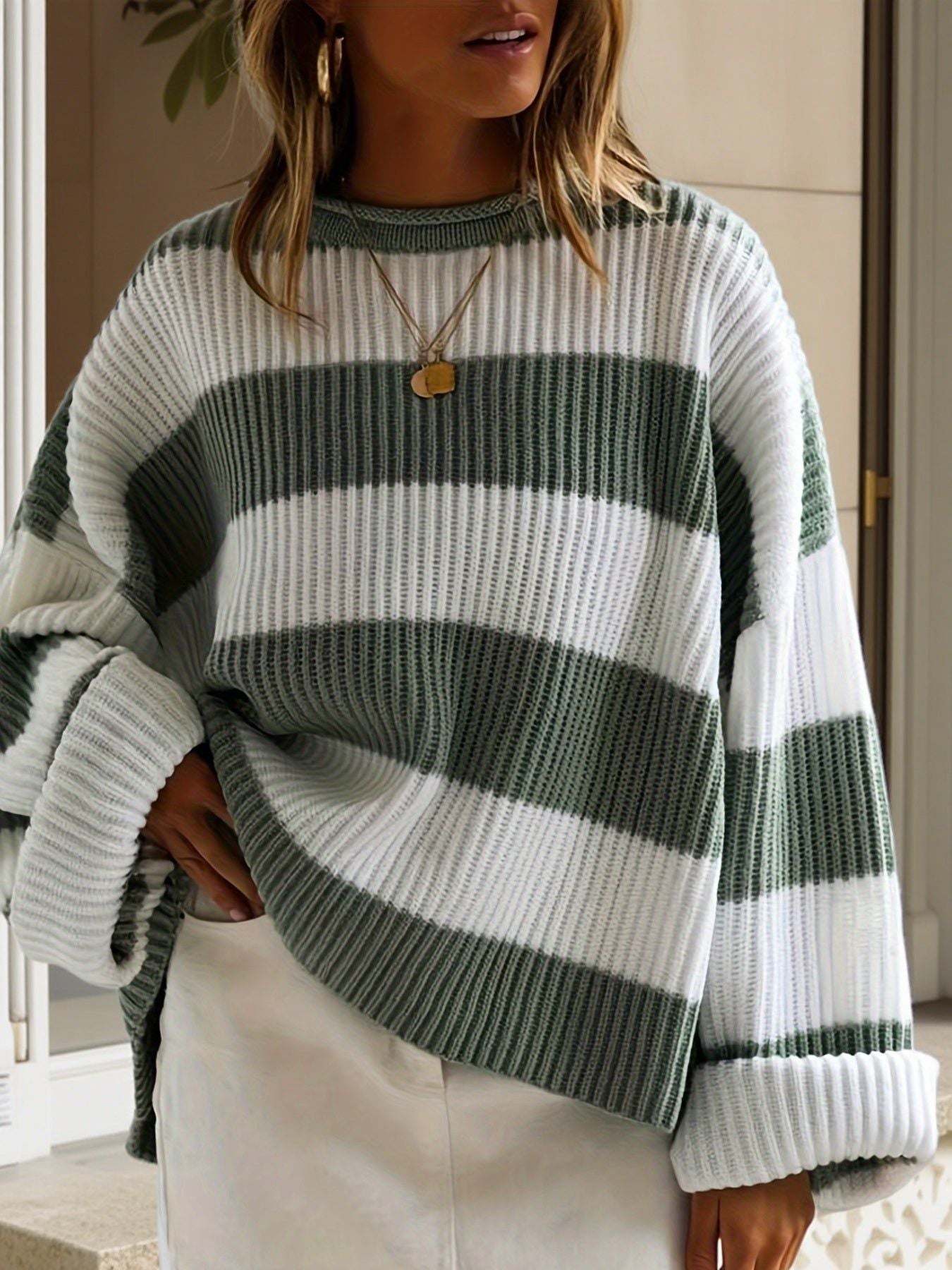 Stribet Striktrøje til Kvinder Lange Ærmer Bomuld Afslappet Pasform — Main Image