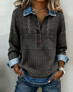 Langærmet strikket bluse med denimkrave og knapper i blå bomuldsblanding til damer — Image 4