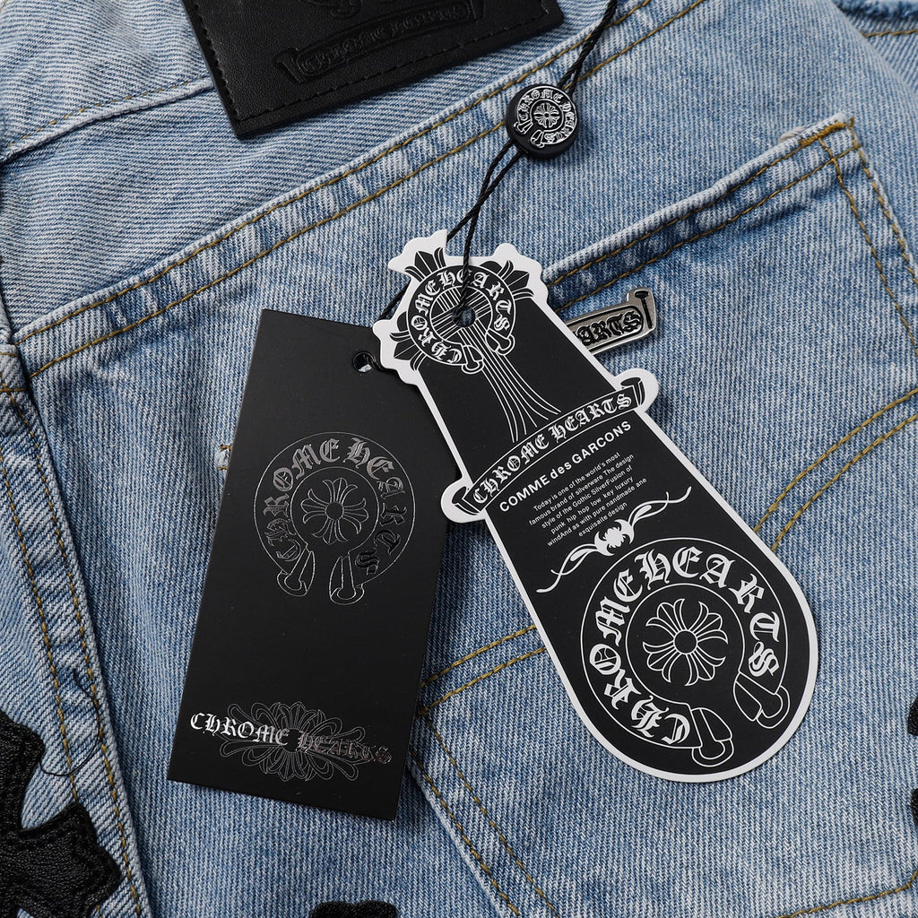 Chrome Hearts Herre Denim Shorts med Kryds Applikationer Blå Bomuld — Image 9