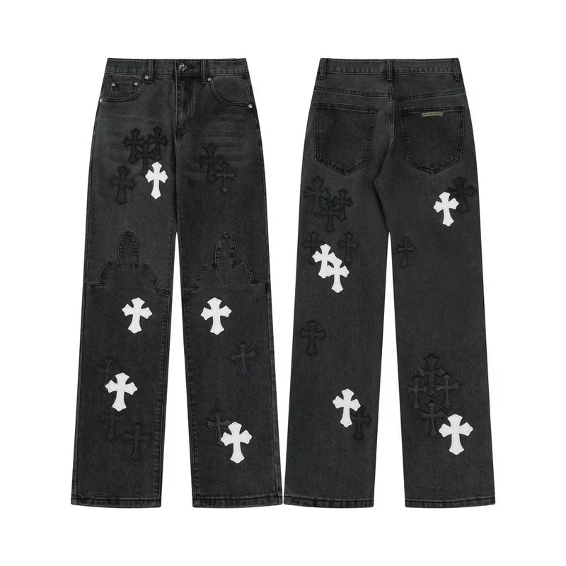 Stilfulde Herre Broderede Jeans Sort Denim Kryds Applikationer — Main Image