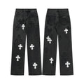 Stilfulde Herre Broderede Jeans Sort Denim Kryds Applikationer — Main Image