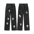 Stilfulde Herre Broderede Jeans Sort Denim Kryds Applikationer — Main Image