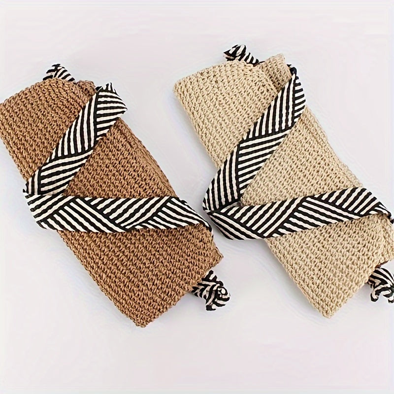 Håndvævet Jute Strandtaske med Stribet Strop, Brun, Unisex — Image 4