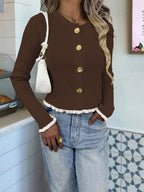 Ribstrikket Cardigan med Guldknapper og Lange Ærmer. Fås i flere farver. — Main Image