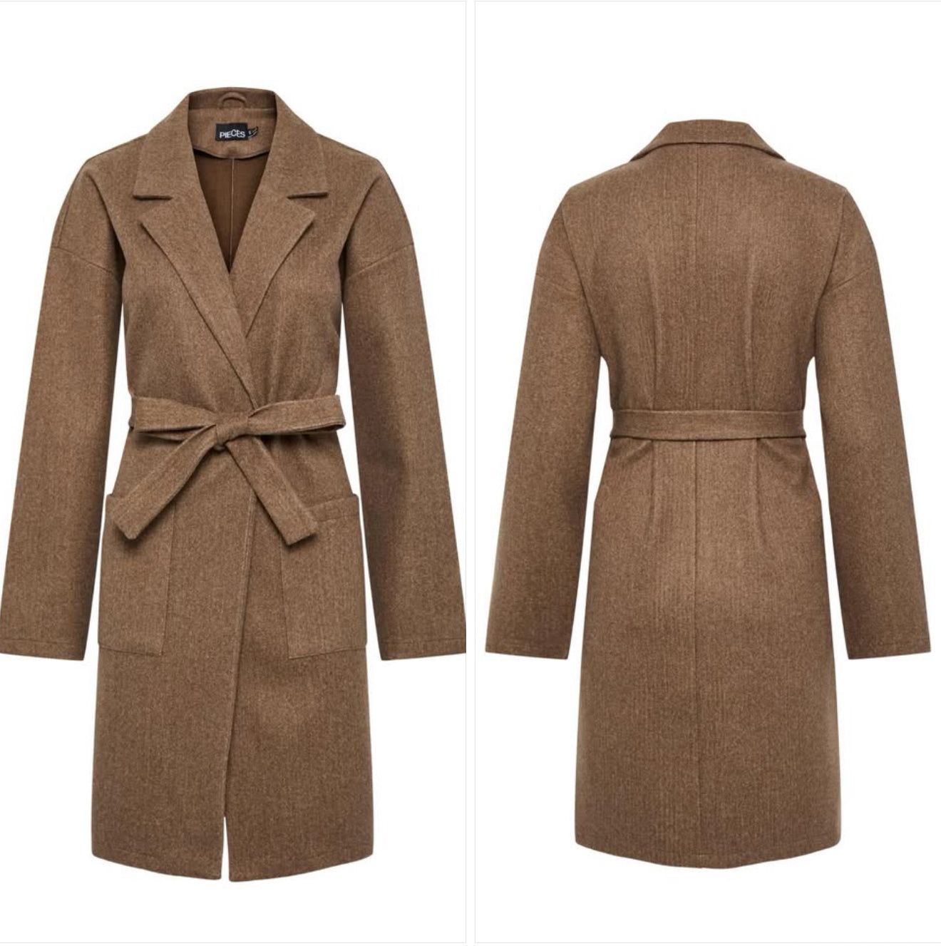 Pieces Brun Slå-om Frakke med Bælte. Elegant damefrakke i uldblanding. — Image 3