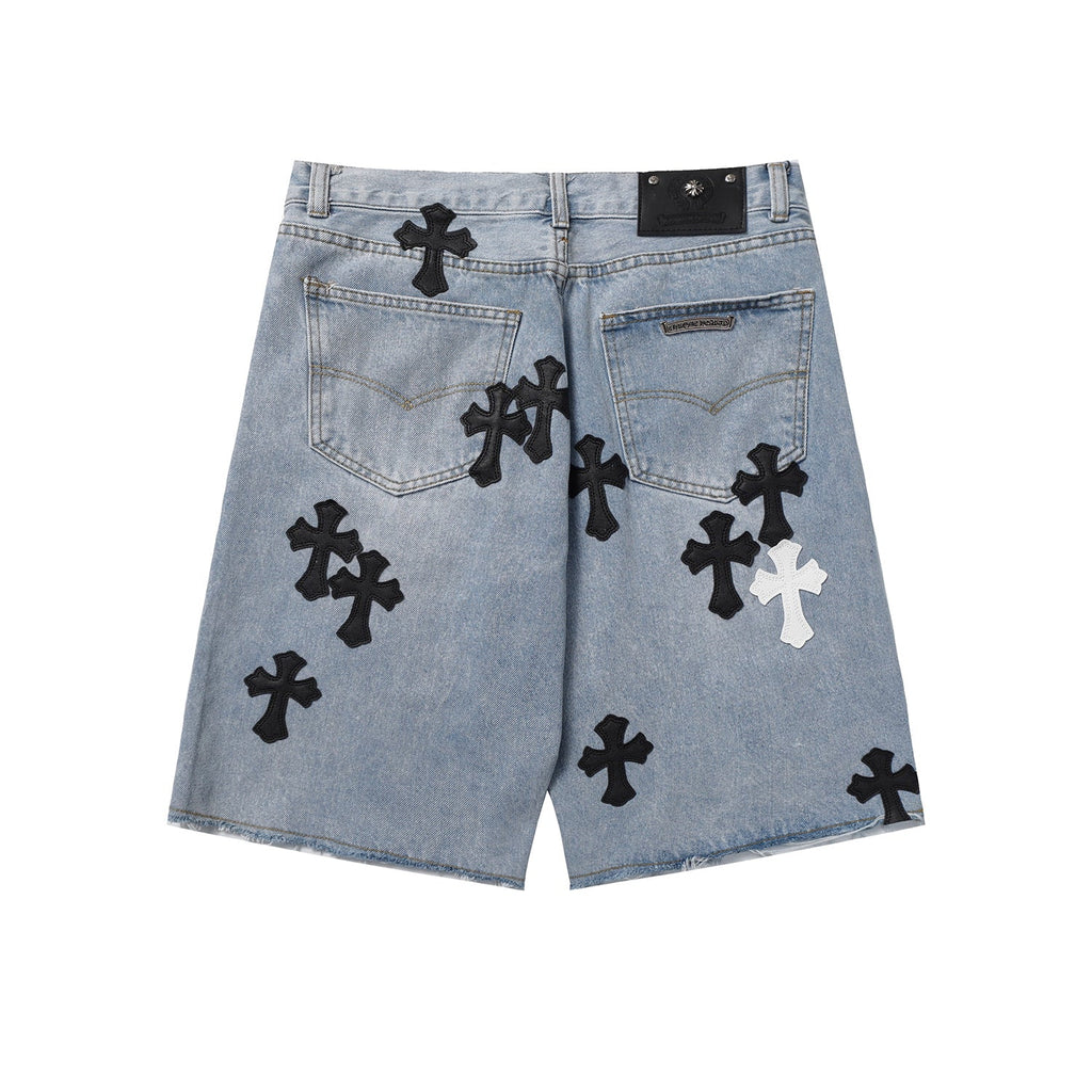 Chrome Hearts Herre Denim Shorts med Kryds Applikationer Blå Bomuld — Image 2