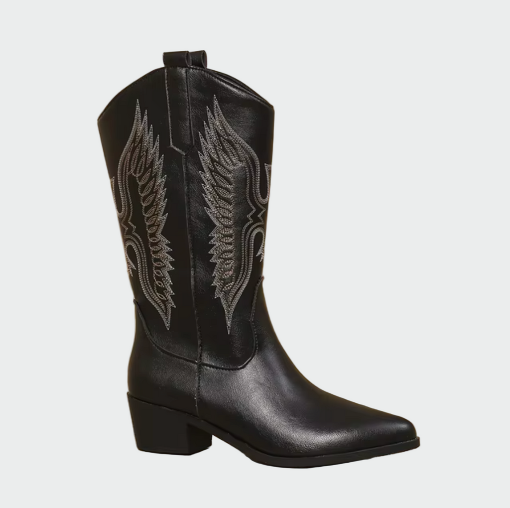 Brand Cowboy Støvler Læder Sort Hvid Brun Broderi Dame Western Støvler — Main Image