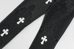 Stilfulde Herre Broderede Jeans Sort Denim Kryds Applikationer — Image 14