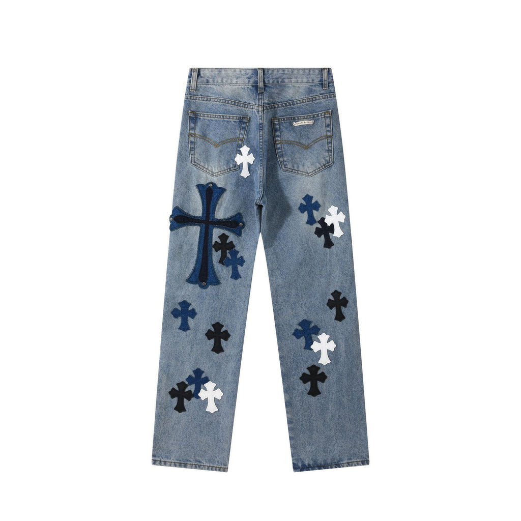 Unisex Denim Jeans med Krydsbroderi i Blå og Sort Bomuld — Image 21