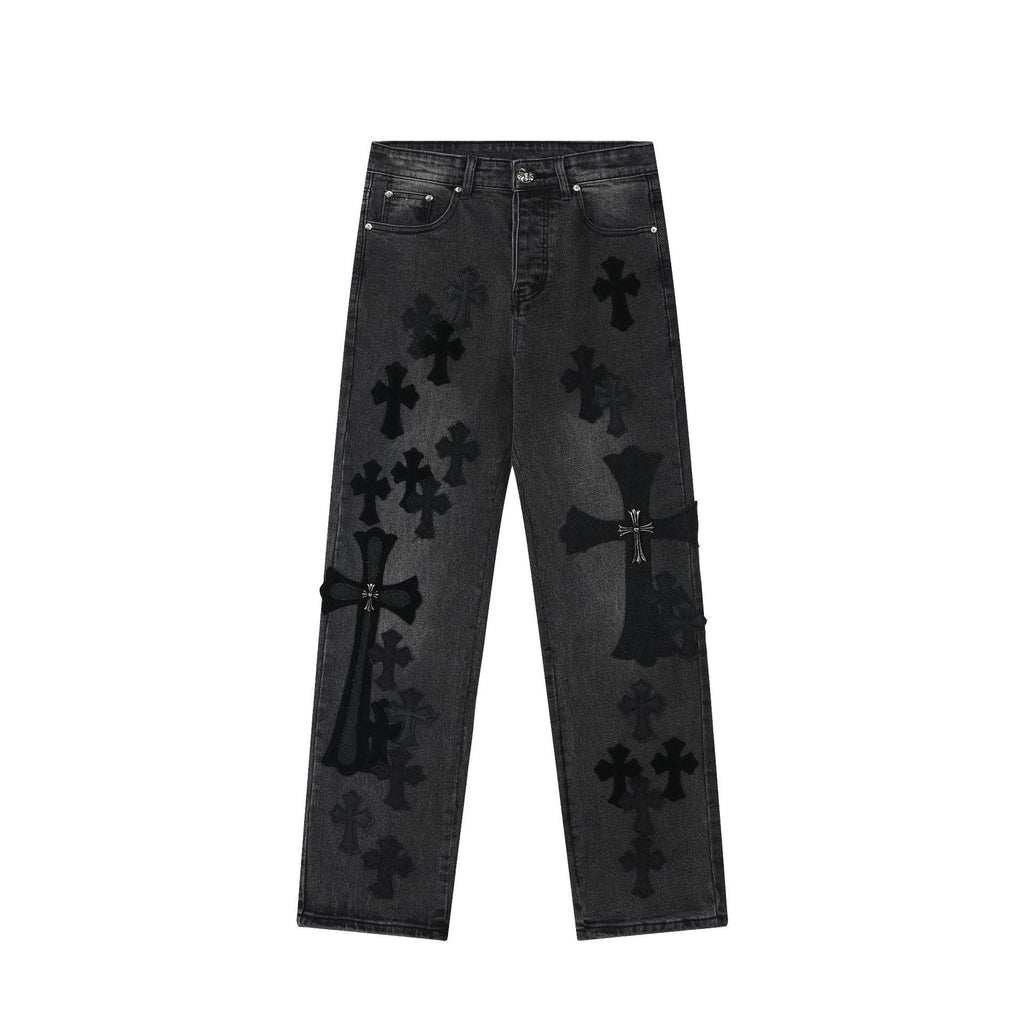 Unisex Denim Jeans med Krydsbroderi i Blå og Sort Bomuld — Image 11