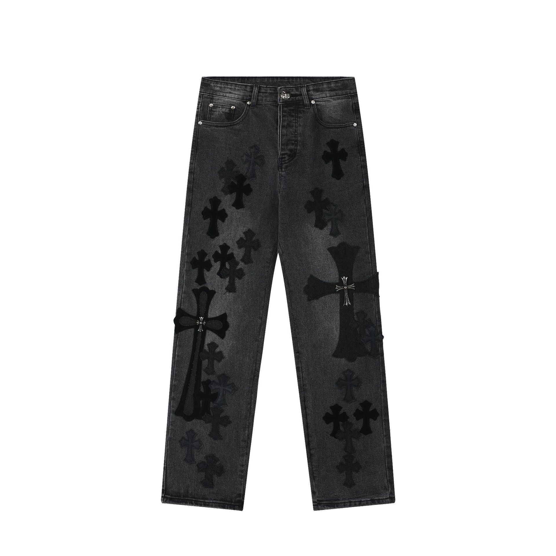 Unisex Denim Jeans med Krydsbroderi i Blå og Sort Bomuld — Image 11