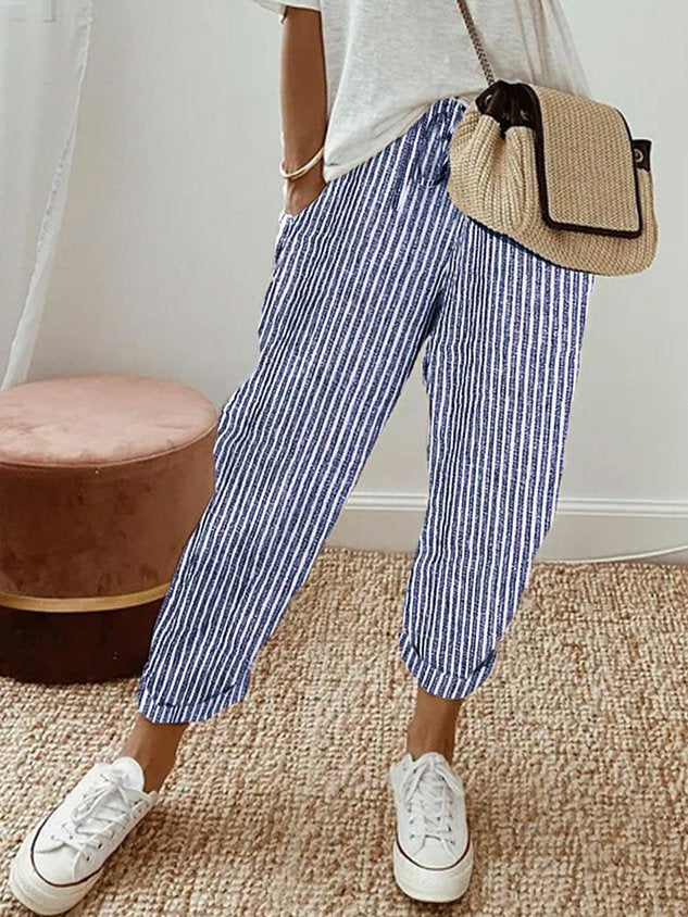 Løse Hørbukser Kvinder Beige Elastisk Talje Sommer — Image 18