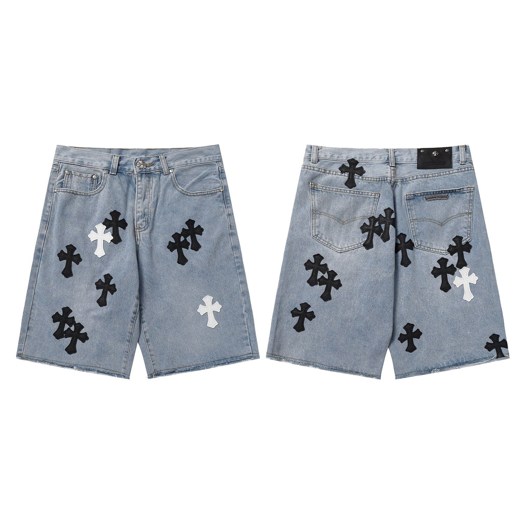 Chrome Hearts Herre Denim Shorts med Kryds Applikationer Blå Bomuld — Image 3