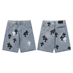 Chrome Hearts Herre Denim Shorts med Kryds Applikationer Blå Bomuld — Image 3