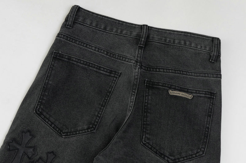 Stilfulde Herre Broderede Jeans Sort Denim Kryds Applikationer — Image 11