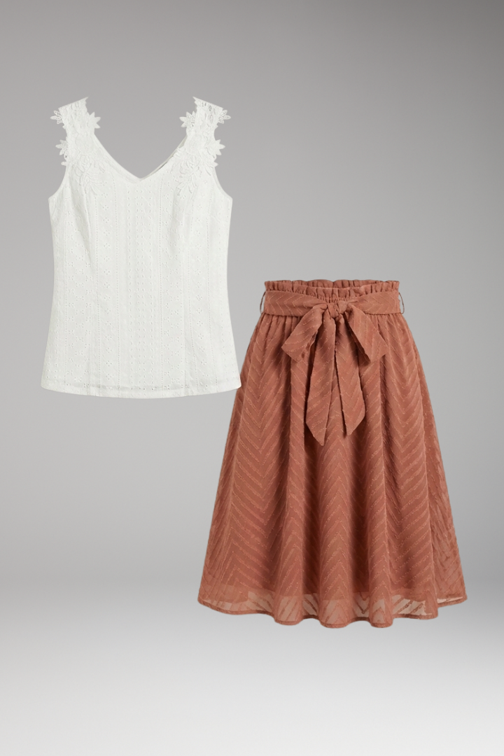 Women’s Two Piece Set with Lace Top and Flared Skirt