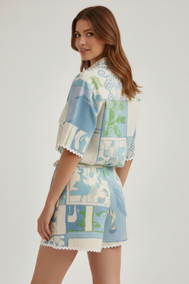 Women’s Two-Piece Set with Patchwork Top and Adjustable Shorts