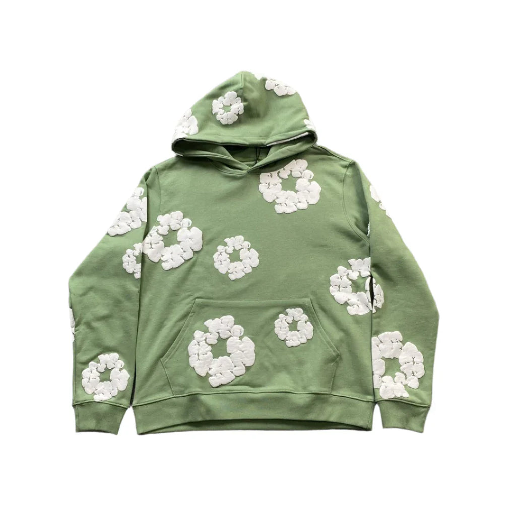 Denim Tears Unisex Hoodie Grøn Blomstermønster Bomuld S-XL — Main Image