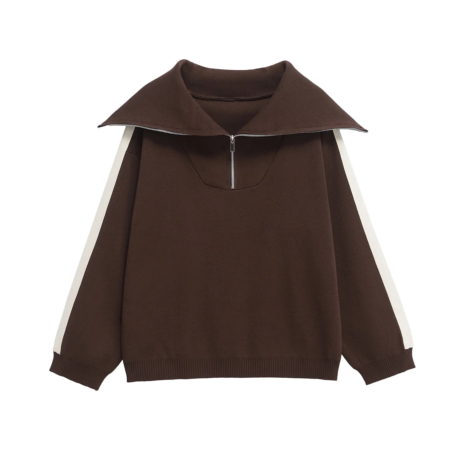 Dame Loungewear Sæt Strikstof Bred Krave Side Striber Brun — Image 3