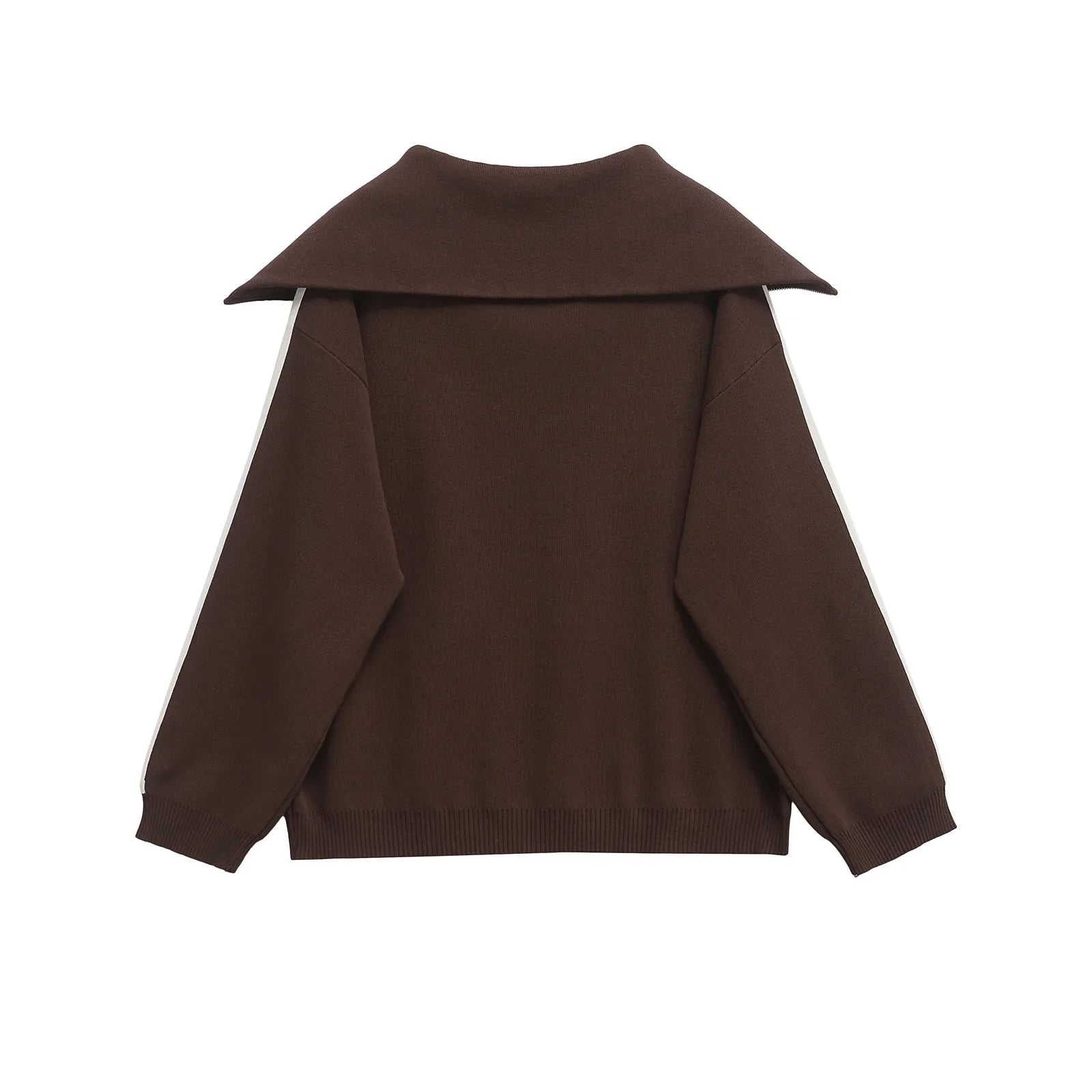Dame Loungewear Sæt Strikstof Bred Krave Side Striber Brun — Image 4