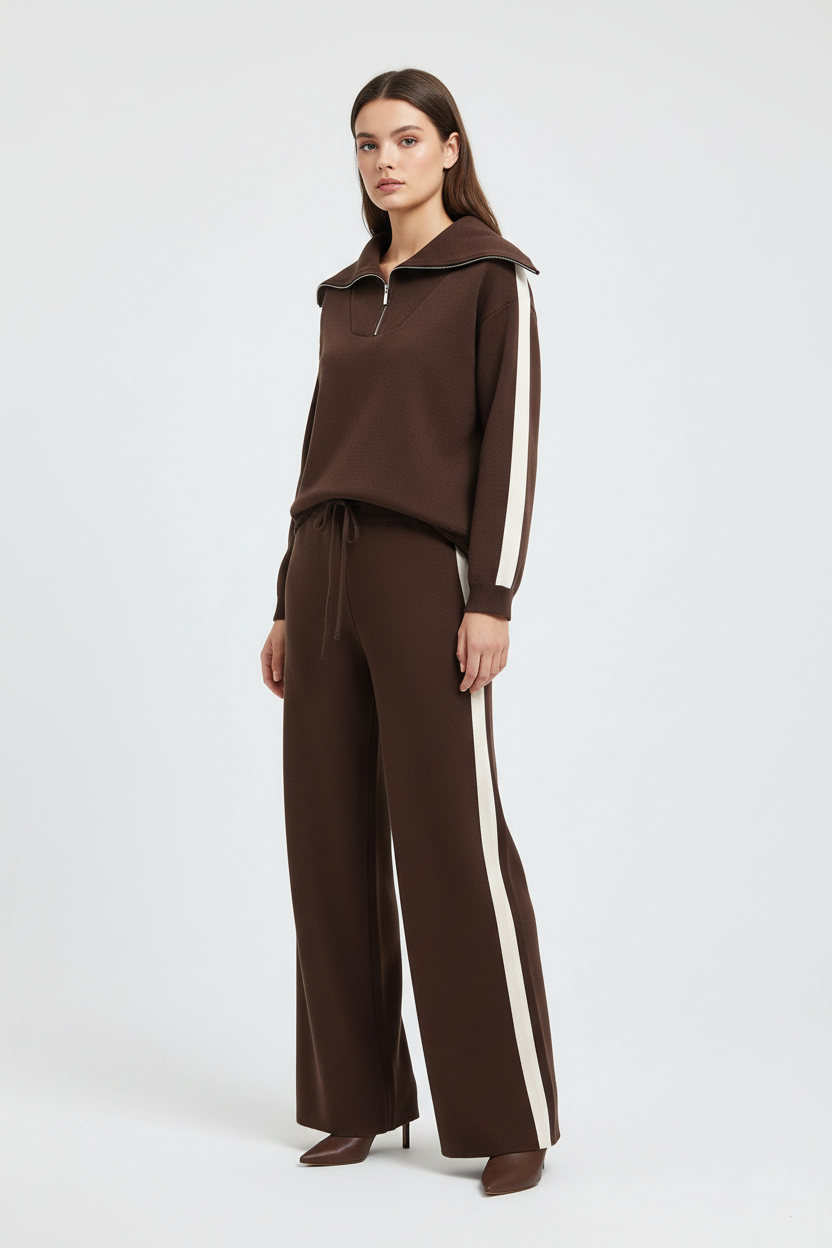 Dame Loungewear Sæt Strikstof Bred Krave Side Striber Brun — Image 2