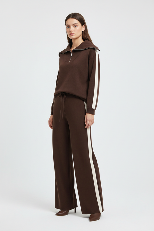 Dame Loungewear Sæt Strikstof Bred Krave Side Striber Brun — Image 2